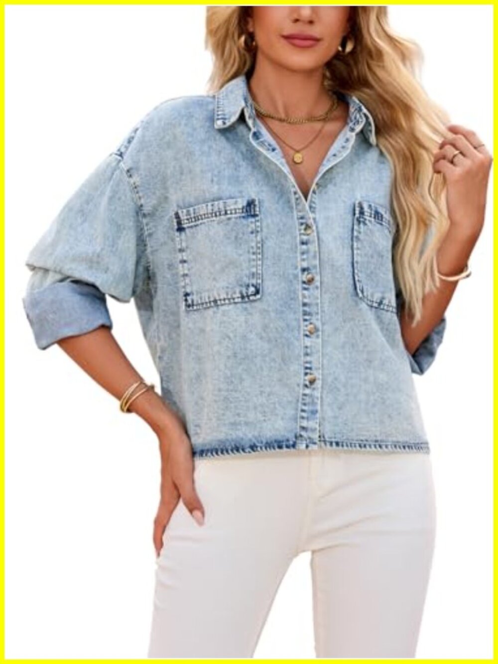 Cropped Button Down Denim Shirt Long Sleeve Lightweight Women's Jean Top